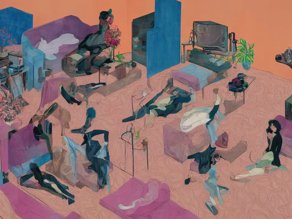 Prompt: One woman start to bounce in a living room of a house, floating dark energy surrounds the middle of the room. There is one living room plant to the side of the room, expressionist painting by martine johanna and moebius