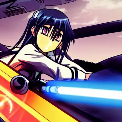 Image similar to generic anime girl with lightsaber driving general Lee.