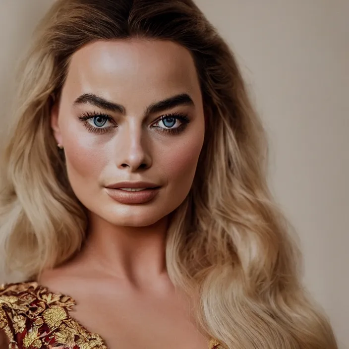 Prompt: portrait of margot robbie combined with demi rose wearing kebaya, by charlotte grimm, natural light, detailed face, canon eos c 3 0 0, ƒ 1. 8, 3 5 mm, 8 k, medium - format print