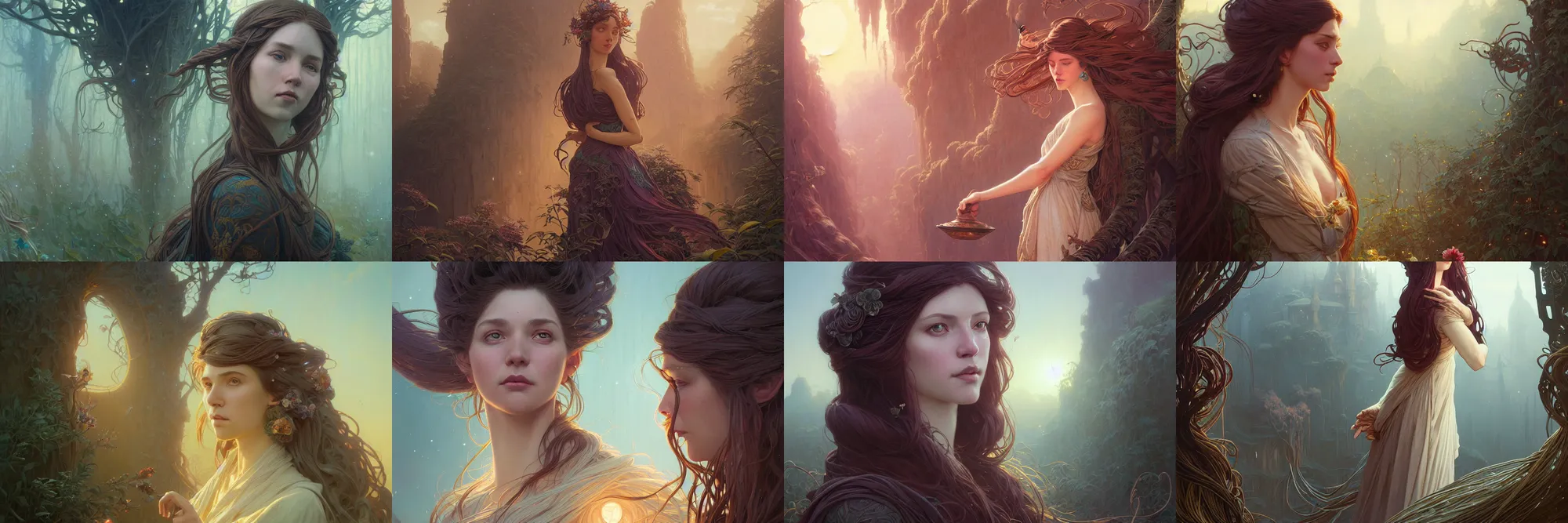 Image similar to highly detailed portrait of a woman with long hairs, stephen bliss, unreal engine, fantasy art by greg rutkowski, art nouveau, loish, rhads, ferdinand knab, makoto shinkai and lois van baarle, ilya kuvshinov, rossdraws, tom bagshaw, alphonse mucha, global illumination, radiant light, detailed and intricate environment