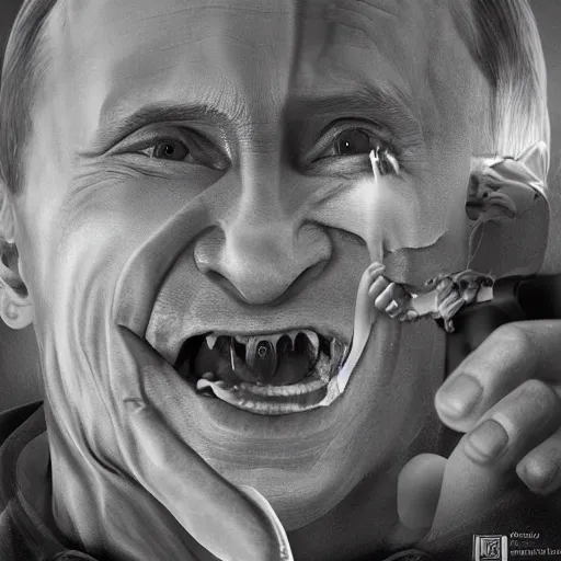 Image similar to vladimir putin drunk without teeth smiling ☺, horror scene in lunatic asylum, intricate, highly detailed, smooth, artstation