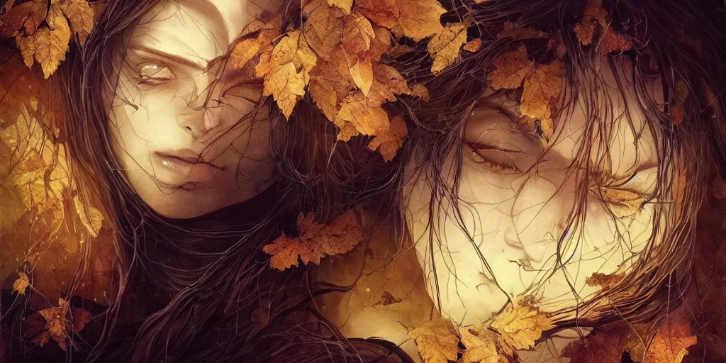 Image similar to golden leaves at frame border, creative!!! composition for a book cover!!!, absurdly beautiful, ultrafine hyperrealistic detailed old witch face by wlop and artgerm and greg rutkowski, intricate linework, sharp focus, smooth, octopath traveler, final fantasy, unreal engine, dramatic lighting, ethereal, 8 k