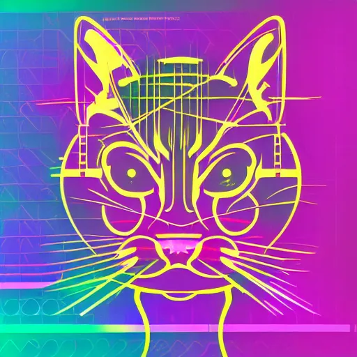 Image similar to a simplified vector based illustration about a cyberpunk kitten, centred face portrait, space colors, smooth and clean vector curves, no jagged lines