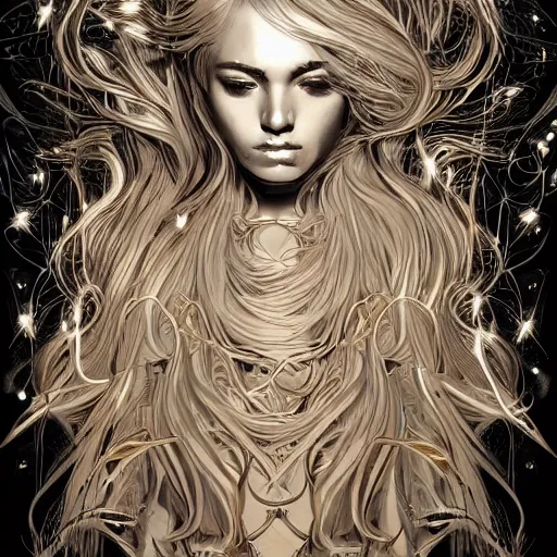 Image similar to gold and silver tones, cybernetic princess, style of moebius, james jean, mcbess, long glowing ethereal hair, cinematic, highly detailed, award winning, 8 k photorealistic
