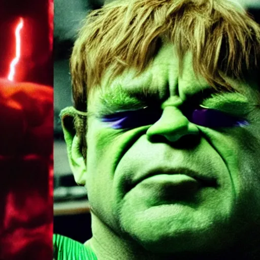 Image similar to Elton John as The Hulk, cinematic, movie still, 8k, photorealistic, dramatic,