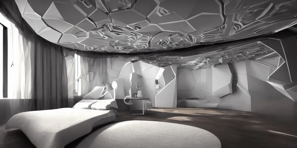 Image similar to infinitely detailed hd photo of a futuristic bedroom by jung yeon min, design, concept art