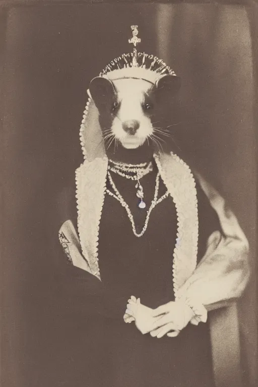 Image similar to a wet plate photo of a ferret dressed as anne boleyn, wearing a crown, wearing a robe