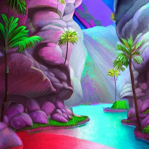 Image similar to rainbow colored caves lead to a rainforest, highly detailed digital art, artstation, cfg = 3