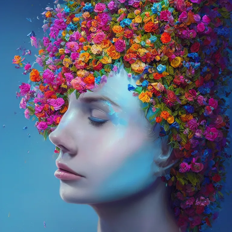 Image similar to a beautiful oil painting hyperrealism of a beautiful woman's head, flowers, floral headdress, 8 k resolution, octane render, trending on artstation, by gediminas pranckevicius, volumetric light 2 blue fractal thunder glow by dan mumford, anaglyph effect, laurie lipton