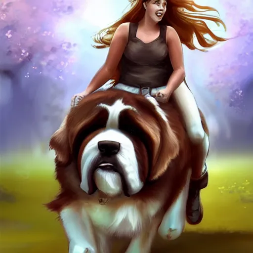 Image similar to girl riding a giant saint Bernard in the park, trending on artstation