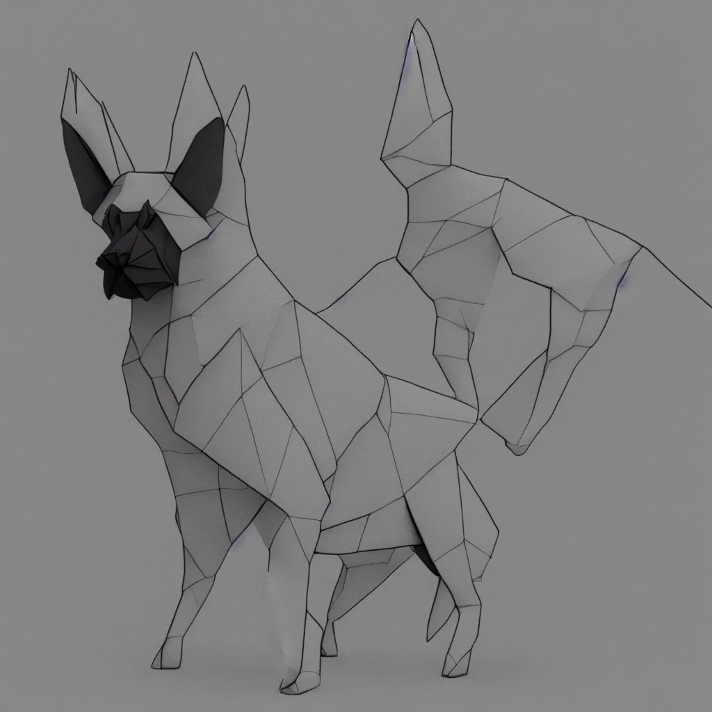 Prompt: 3 d rendering of japanese paper origami of simplified shape of german shepherd, 2 d image