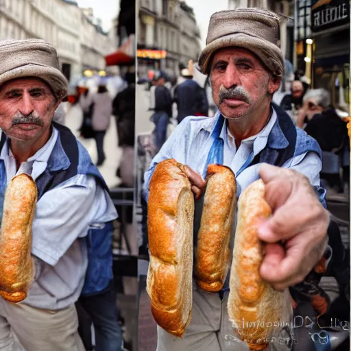 Image similar to closeup portrait of people fighting baguettes in a paris street, by Steve McCurry and David Lazar, natural light, detailed face, CANON Eos C300, ƒ1.8, 35mm, 8K, medium-format print
