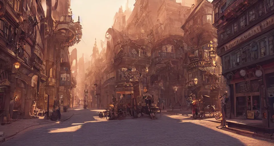 Image similar to steampunk city streets by don bluth, trending on artstation, octane render