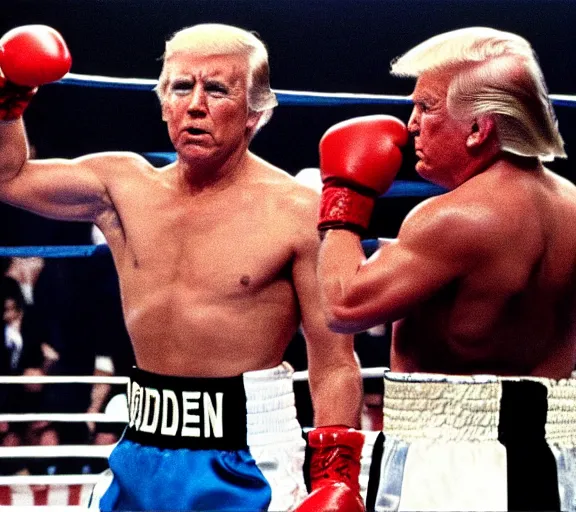 Image similar to color film still from rocky 1 9 7 6 of joe biden and donald trump, boxing ring, fighting, punching