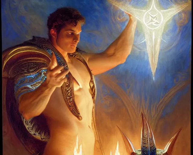 Image similar to attractive male deity, casting demonic magic, summoning handsome lucifer morning star. highly detailed painting by gaston bussiere, craig mullins, j. c. leyendecker 8 k