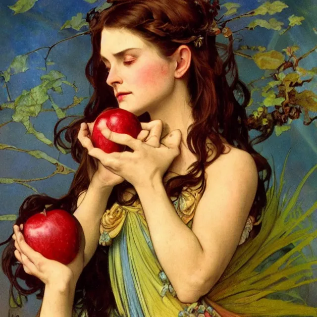 Image similar to an aesthetic! detailed close - up portrait of an aesthetic woman crying mournfully while holding an apple, by frank frazetta and alphonse mucha, oil on canvas, bright colors, art nouveau, epic composition, dungeons and dragons fantasy art, hd, god - rays, ray - tracing, crisp contour - lines, huhd - 8 k