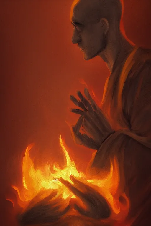 Image similar to A profile of a single monk meditating in flames by Afshar Petros, Trending on artstation.