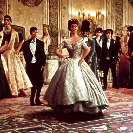 Image similar to ballroom scene from the leopard by luchino visconti with alain delon and claudia cardinale set in the 1 9 th century in an italian villa. technicolor, masterpiece cinematic