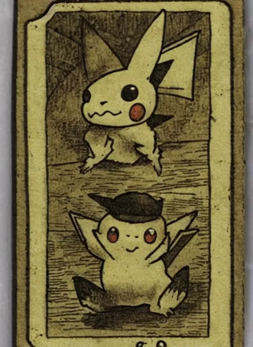 Image similar to creepy pikachu Pokémon card from the 1700s