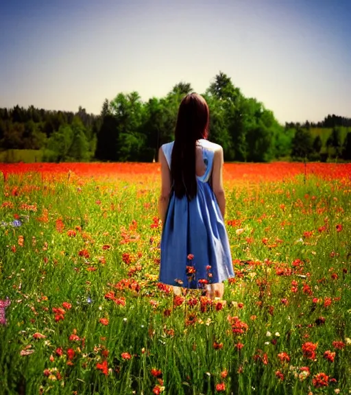 Image similar to tall shadow person figure standing in beautiful meadow of flowers, high quality film photo, grainy, high detail, high resolution