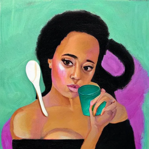 Image similar to Portrait of Doja Cat holding a spoon in her hand, painting of