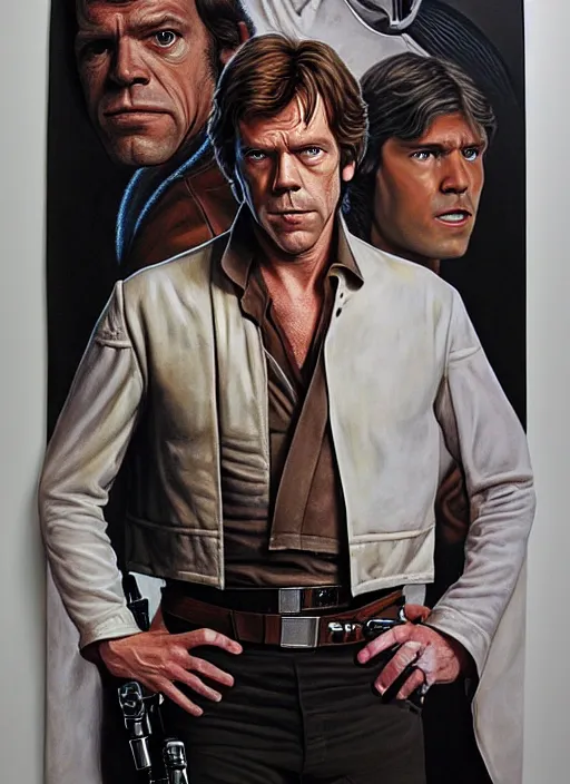 Prompt: portrait of hugh laurie as han solo in star wars, wearing han solos cloth, a black vest and white shirt, hyperrealistic, very detailed painting by glenn fabry, by joao ruas, by artgerm