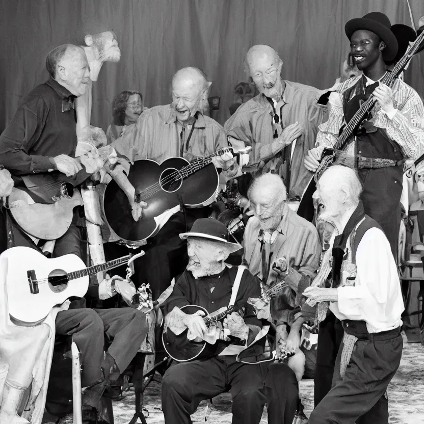 Image similar to black and white photo of 9 0 year old pete seeger playing a banjo and singing with lil nas x who is also playing a banjo - award winning