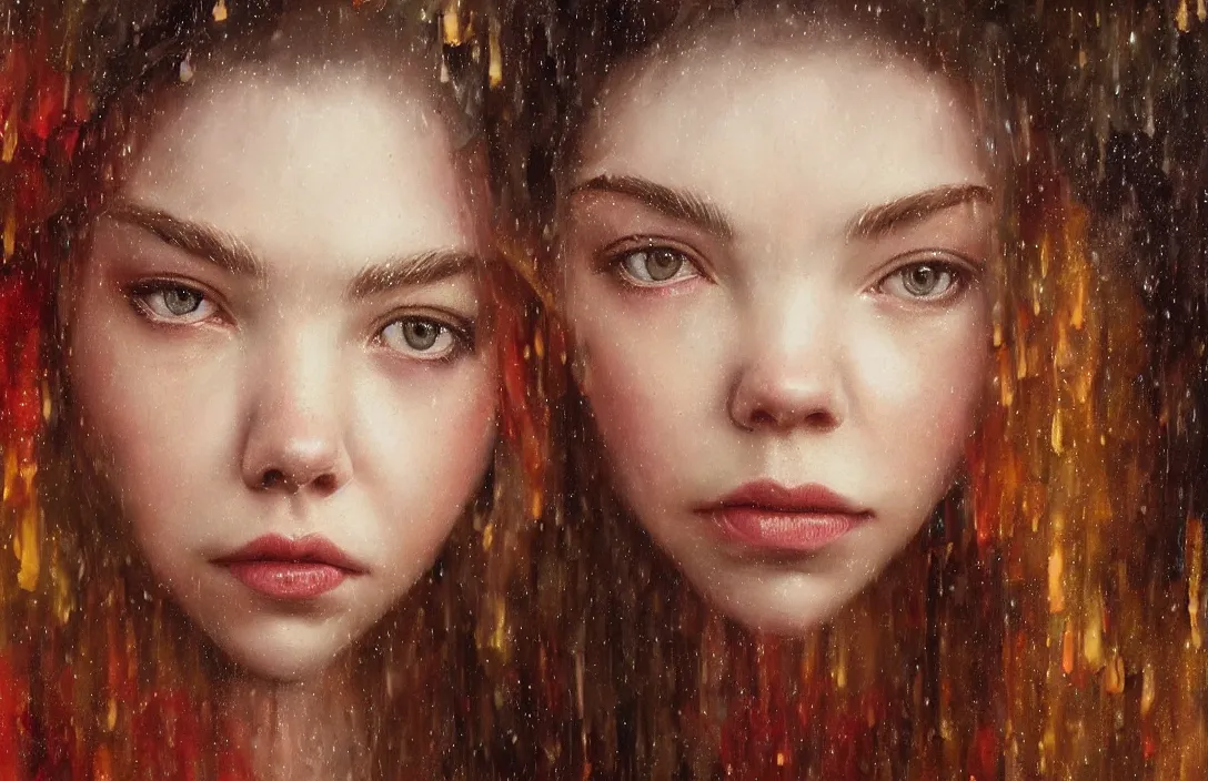 Image similar to a realistic detail portrait of a beautiful queen look like Anya taylor-joy in middle earth, raining, thunder, magic, dragon, oil painting by Julian calle, wlop, greg rutkowski, Finnian MacManus, Trending on artstation, red and yellow scheme, 8k, RE Engine