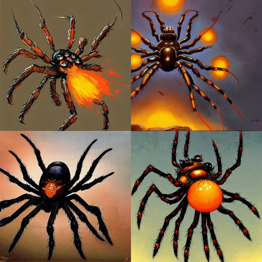 Prompt: a giant spider with orange crystals in its abdomen, dungeon, fantasy art, trending on artstation, by frank frazetta