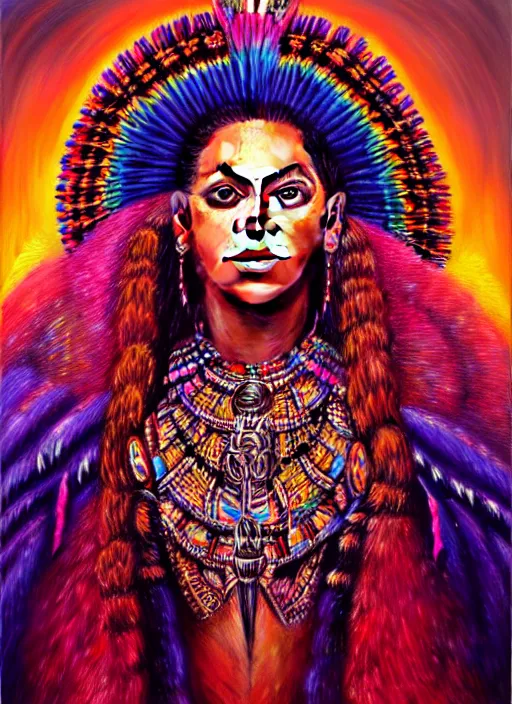 Prompt: portrait of beyonce, hyper detailed ultra sharp aztec shaman warrior. trending on artstation, warpaint aesthetic, bloodwave, colorful, psychedelic, ornate, intricate, digital painting, concept art, smooth, sharp focus, illustration, art by artgerm and greg rutkowski and h. r. giger, 8 k