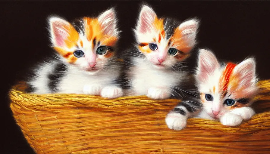 Image similar to highly detailed painting of cute furry calico kittens cuddled up in a basket by william turner, thick brush strokes and visible paint layers, 4 k resolution, red and green colour scheme