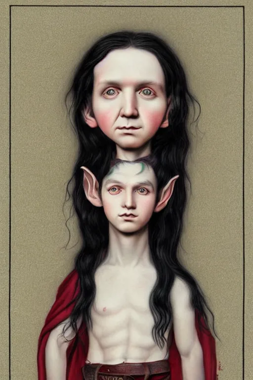 Image similar to multicolor drawing of elf boy with long black hair by mark ryden created at modern world in 4 k ultra high resolution