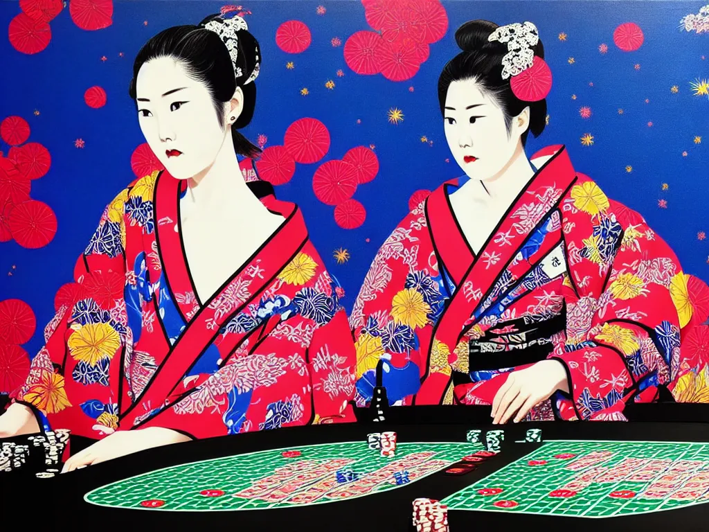 Image similar to hyperrealistic composition of the detailed woman in a japanese kimono sitting at a extremely detailed poker table with detailed darth vader, fireworks, mount fuji on the background, pop - art style, jacky tsai style, andy warhol style, acrylic on canvas