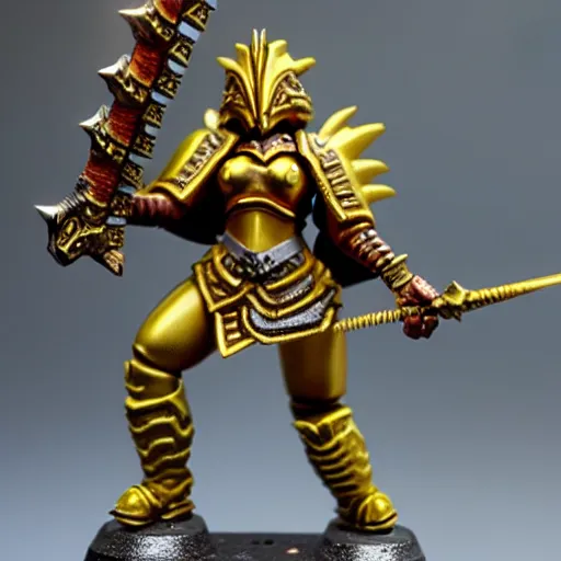 Image similar to photo of a female sauruswarrior from warhammer, golden armor, golden spear, warhammer model, figurine, highly detailed, sharp focus