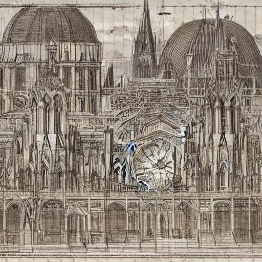 Prompt: leonardo da vinci intricate full page blueprint of concept an enormous cathedral facade, covered with different types of antennas, light signage, luminous advertisements, satellite dishes, hyper detailed, ultra - detailed technical precision, hypermaximalist, elegant, ornate, symmetrical, akira, ghost in the shell, cinematic lighting,, intricate, 8 k, night