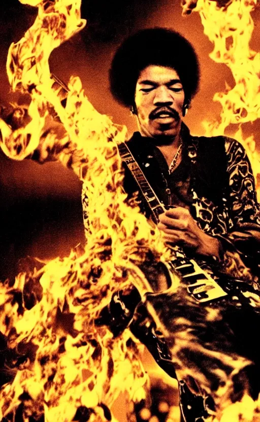 Image similar to jimi hendrix burning a stratocaster on the stage, cinematic composition and lighting