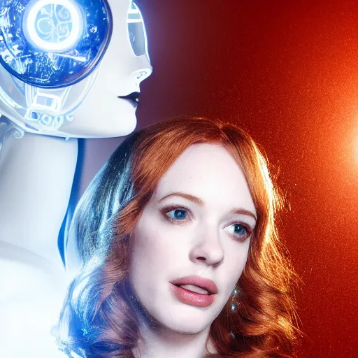 Prompt: beautiful centered Fine art photo portrait of entranced young Christina Hendricks as a solarpunk robotic humanoid, white mechanical parts with led lights, photorealistic, white background, highly detailed and intricate, sunset lighting, HDR 8k