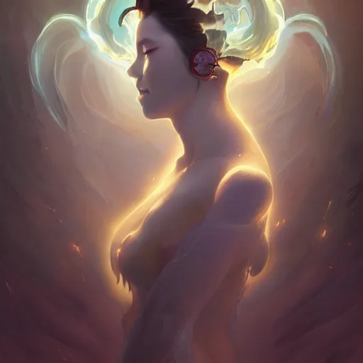 Image similar to female japanese solar elemental, ghostly form, transparent, d & d, highly detailed, digital painting, artstation, concept art, sharp focus, illustration, cinematic lighting, art by artgerm and greg rutkowski and alphonse mucha