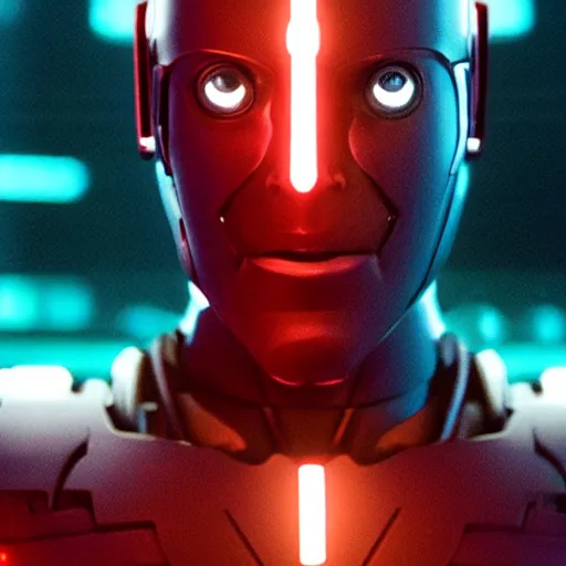 Prompt: movie still of cyborg with glowing third eye, cinematic composition, cinematic light, criterion collection, by george lucas