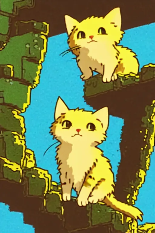 Prompt: a retro videogame showing a small yellow kitten with the belly upwards, studio ghibli anime