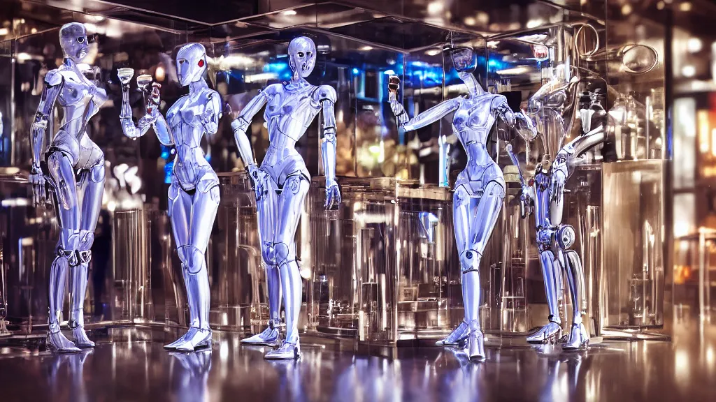 Prompt: robots drinking alcohol, inside a glass bar, chrome reflections, hyper-realistic, extreme detail, sharp photo, beautiful, cinematic 4K, by Sorayama