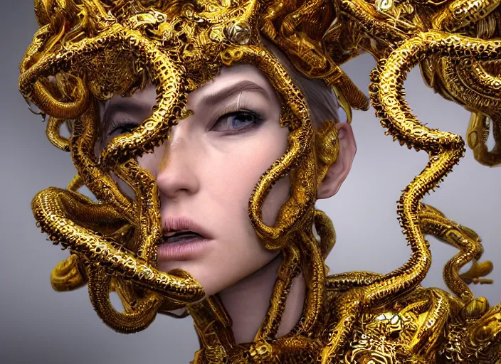 Prompt: a photo of 8 k ultra realistic angry corrupted lovecraftian golden humanoid queen, 8 intricate white and gold tentacles, face enhance, ornate white and gold armour, cinematic lighting, trending on artstation, 4 k, hyperrealistic, focused, extreme details, unreal engine 5, cinematic, masterpiece