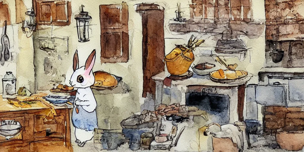 Prompt: a rabbit cooking food inside a french cozy kitchen, realistic watercolour