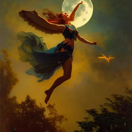 Image similar to attractive witch magically flying trough the night, fantasy, full moon in background. highly detailed painting by gaston bussiere, craig mullins, j. c. leyendecker 8 k