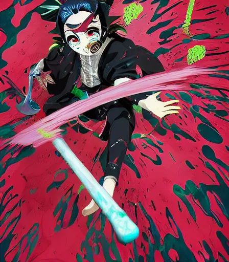 Image similar to Tim Burtons style Kimetsu no Yaiba by Alex Pardee and Nekro and Petros Afshar, and James McDermott,unstirred paint, vivid color, cgsociety 4K