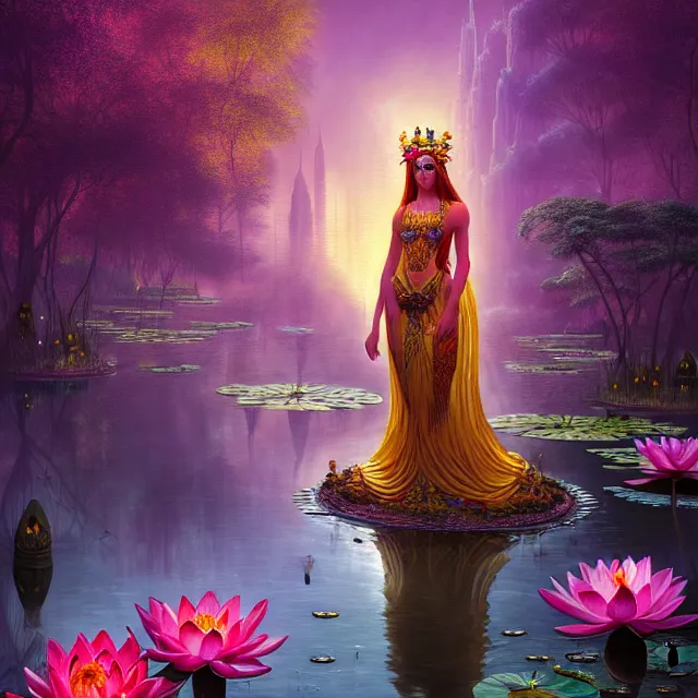 Image similar to Beautiful 3d render of the flower queen goddess near a pond full of lotus, atmospheric lighting, painted, intricate, volumetric lighting, beautiful, rich deep colours masterpiece, sharp focus, ultra detailed, in the art style of Dan Mumford and marc simonetti, with a clear crowded futuristic cyberpunk dubai city in the background, astrophotography