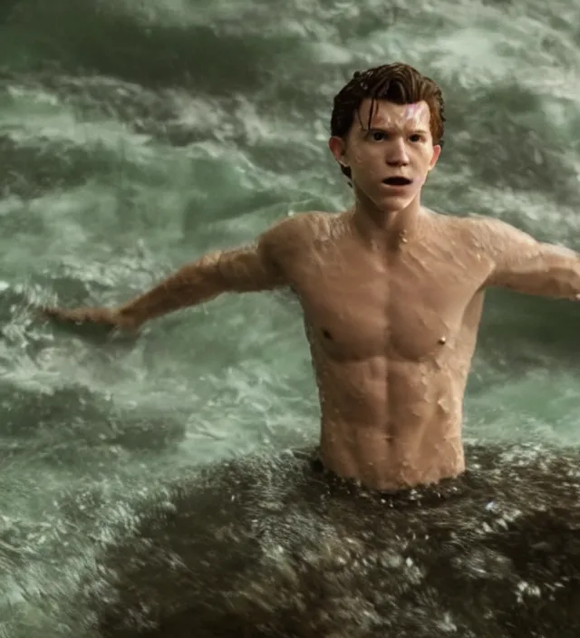 Image similar to tom holland as a mystical water creature, d & d, movie still frame, hd, remastered, film grain, cinematic lighting
