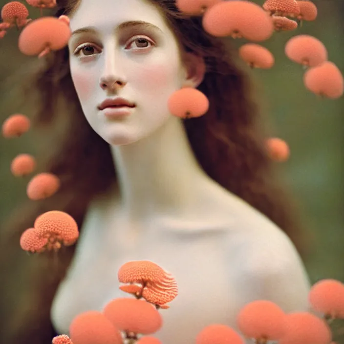 Prompt: Kodak Portra 400, 8K, soft light, volumetric lighting, highly detailed, britt marling style 3/4 ,portrait photo of a beautiful woman how pre-Raphaelites painter, n long elegant intricate ornamental ethereal coral and shells dress, natural skin tone, highly detailed realistic flowers ornament in the upper side of breast, bust with a long beautiful neck , long dark hair are intricate with highly detailed realistic coral and shells, elegant, Realistic, Refined, Highly Detailed, natural outdoor soft pastel lighting colors scheme, outdoor fine art photography, Hyper realistic, photo realistic