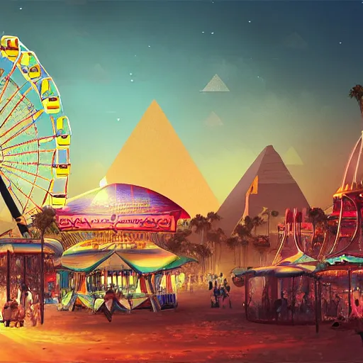Prompt: an amusement park in old egypt, ferris wheel, bumper cars, lights, pyramids are in the background, sphynx, digital art, synthwave style, trending on artstation, matte painting