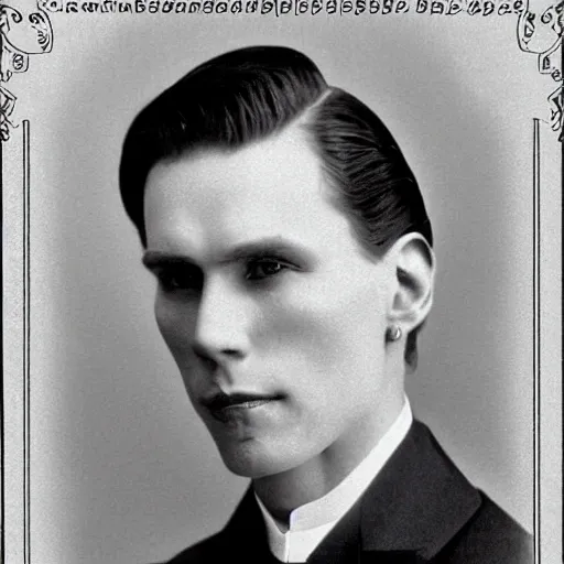 Image similar to A photograph portrait of Jerma985 with slicked back hair in the early 1900s, taken in the early 1900s, grainy, taken on a early 1900s Kodak Camera, realistic, hyperrealistic, very realistic, highly detailed, very detailed, extremely detailed, detailed, digital art, trending on artstation